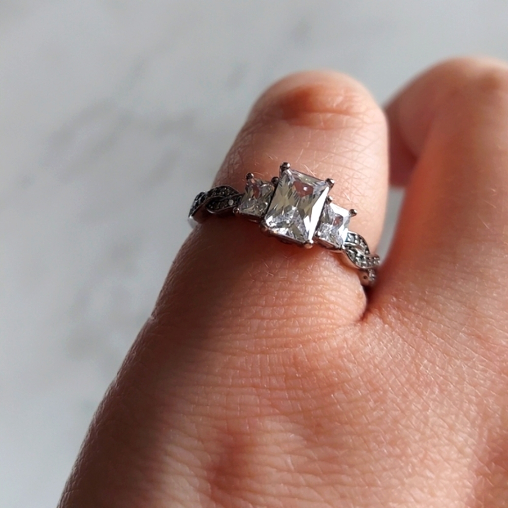 Rectangular Diamond Engagement Ring 925 Sterling Silver Ring